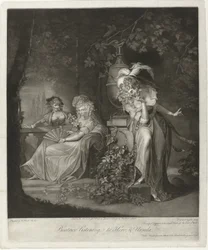 Hero og Ursula bliver overhørt af Beatrice Beatrice lytter til Hero & Ursula (titel på objekt)
