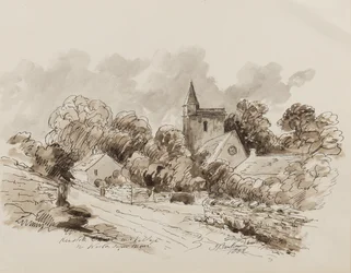 Kewstoke Church and Village, Weston Super Mare, Somerset, 1882 (pen, pensel og blæk på papir)