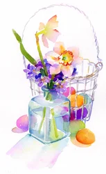 Æggekurv med blomster, 2014, (akvarel)