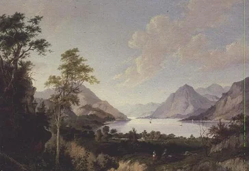 Landskab med sø og bjerge