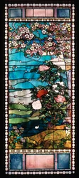 Blomstrende kirsebærtræ og pæon, vindue fra Frederick Lothrop Ames House, Boston, Massachusetts