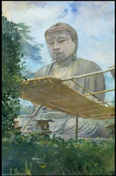 Den store statue af Amida Buddha i Kamakura, kendt som Daibutsu, fra præstens have