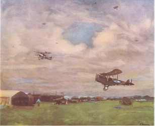 En flyveplads i, 1918, fra British Adventure udgivet af Collins, 1947