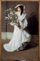Forår. Allegori over foråret: portræt af en kvinde klædt i hvidt med en buket blomster. Maleri af Sir John Lavery (1856-1941)