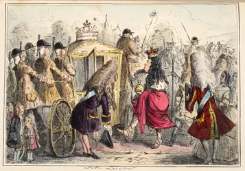 Georgey Porgey den første, der går en tur i hans State Coachy Pachy, fra The Comic History of England, pub. 1864 (håndfarvet radering)