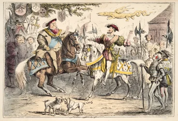 Henry VIII møde Francis I, fra The Comic History of England, pub. 1864 (håndfarvet radering)