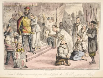 Dronning Philippa går i forbøn med Edward III, for de seks burgesser i Calais, fra The Comic History of England, pub. 1864 (håndfarvet radering)