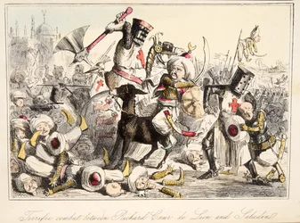 Fantastisk kamp mellem Richard Coeur de Lion og Saladin fra The Comic History of England, pub. 1864 (håndfarvet radering)