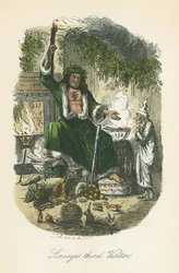 Julegavens spøgelse dukker op for Joakim. Illustration af John Leech (1817-64) til Charles Dickens A Christmas Carol, London 1843-1834.