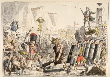 The Landing of Julius Caesar fra The Comic History of England, pub. 1864 (håndfarvet radering)