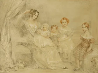 Portræt af fru W.S. Fry og hendes fire børn: Emma, Willy, Julie og Georgina, siddende i et interiør, 1840