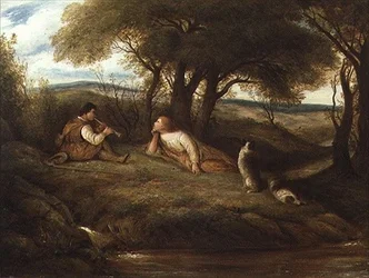 Ung mand spiller musik for en hyrde og hans hunde