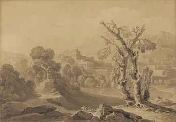 Uden titel: Klassisk by i et landskab, 1816 (vask på kort)