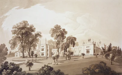 Udsigt over Farm House med skærm til stalde og landbrugsbygninger til Sezincote House, indgraveret af Frederick Christian Lewis Snr. (1779-1856), ca. 1817-18 (sepiaakvatint)