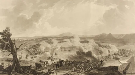 Slaget ved Kirkee udkæmpet den 5. november 1816, hvor mindeværdige lejlighed 4785 [sic] britiske tropper besejrede Mahratta-hæren (akvatint, farvet)