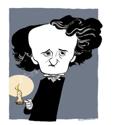 Edgar Allan Poe - karikatur, holder lysestage