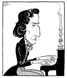 Frederic Chopin - karikatur af den polske komponist og pianist, der spiller klaver
