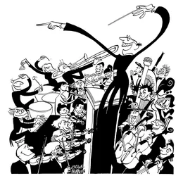 Orkester og dirigent - karikatur af John Minnion
