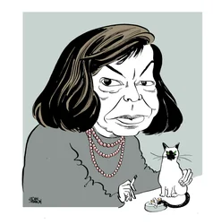Patricia Highsmith - karikatur med sin kat, der ryger