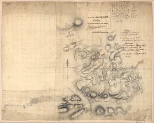 Slaget ved Brandywine, 11. sept. 1777, hvor oprørerne blev besejret af hæren under ledelse af general Sir Willm. Howe. LOC gm71000927
