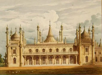 Kongens lejlighed mod vest med husholdningslejlighederne ovenover fra Views of the Royal Pavilion, Brighton af John Nash