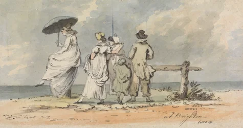 I Brighton, 1804: Tre kvinder, barn og mand ser ud til havet