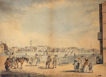 Brighton, der viser Miss Widgetts cirkulerende bibliotek, Marlborough House, Castle Inn and Assembly Rooms og Marine Pavilion, 1792