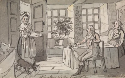 Figurer, der sidder ved et bord, der serveres mad, Crockem Wells, Devonshire