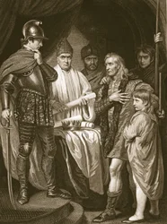 Baliol overgiver sin krone til Edward I, indgraveret af J. Parker, illustration fra David Humes 