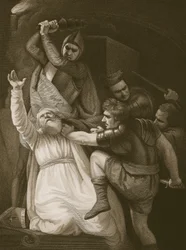 The Death of Becket, indgraveret af J. Stowe, illustration fra David Humes 