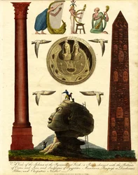 Udsigt til sfinksen ved pyramiderne i Gizeh: en patera med portrætter af Osiris og Isis og skulpturer af egyptiske musikere, Pompejus