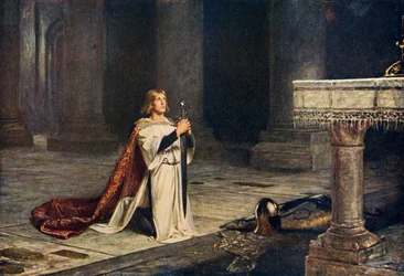 Ridderaspirant, der holder vågevagt ved våbnene før sin riddervielse, illustration fra Romance and Legend of Chivalry af A. R. Hope Moncrieff