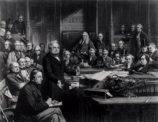 Underhuset i 1860: Lord Palmerston taler til huset under debatten om traktaten med Frankrig, indgraveret af Falkner, 1863 (se også 42219 og 107821)