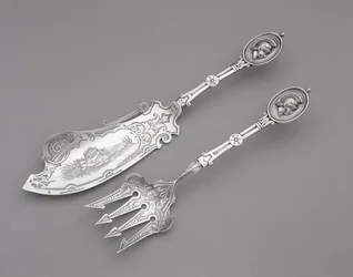 Fiskegaffel og kniv, ca. 1862-1870 (sølv)