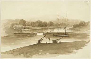 Prince Street Bridge og Ropewalk, set fra mudderdokken (blyant og akvarel på papir)