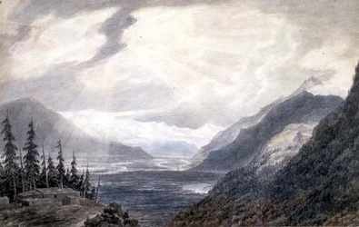 PD.6-1965 Pays de Valais, nær Genevesøen, ca. 1776 (indisk blæk, blyant og vask på papir)