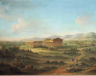 To store templer i Paestum, Basilica til venstre og Temple of Neptun eller Poseidon til højre, af John Robert Cozens