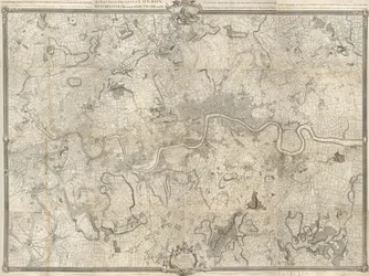 Et kort over london fra det 18. århundrede. En nøjagtig undersøgelse af byens London, Westminster ye Borough of Southwark og landet i nærheden af ti miles rundt begyndte i 1741 og sluttede i 1745 / af John Rocque landinspektør & (indgraveret) af Richard Pa