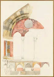 A Window of the Broletto, Como: hurtig skitse i farver, der viser metode til indlægning af marmor, 1869