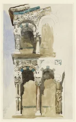 En del af facaden af den ødelagte kirke San Michele i Foro, Lucca, skitseret i farver, 30. juni - 1. juli 1846 (akvarel over grafit på vævet papir)