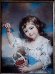 Portræt af en lille pige i kurven med kirsebær. Maleri af John Russell (1745-1806), 19. århundrede