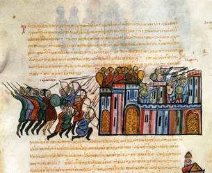 Angreb på en højborg, miniature fra "Synopsis historiarum", ca. 1126-1150