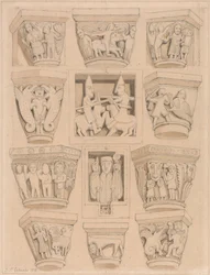 Hovedstæder og A & B Bas-relieffer i Abbey Church of Saint Georges de Bocherville, nær Rouen, Normandiet