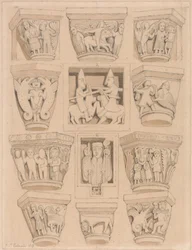 Hovedstæder og A & B Bas-Reliefs i Abbey Church of Saint Georges de Bocherville, nær Rouen, Normandiet