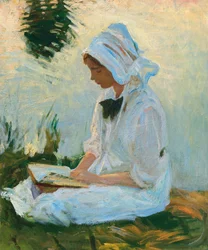 Pige læser ved et vandløb, ca. 1888