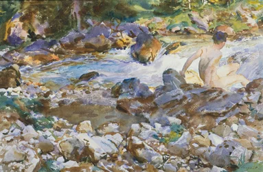 Mountain Stream, ca. 1912-14 (Akvarel og grafit på råhvidt vævet papir)