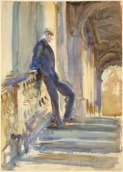 Sir Neville Wilkinson på trapperne til Palladian Bridge ved Wilton House, 1904-5 (akvarel over grafit på vævet papir)
