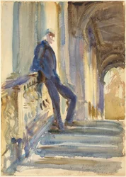 Sir Neville Wilkinson på trappen til Palladian Bridge ved Wilton House, 19041905.