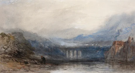 Regn, damp og fart; jernbaneviadukten (akvarel)