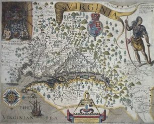 Virginian kartta: Upotus (vasemmalla) näyttää intialaisen päällikön Powhatanin kotan sisustuksen, kirjoittanut John Smith (1580-1631)